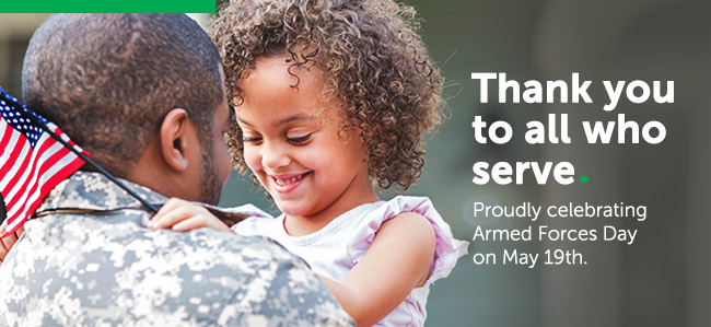 Armed Forces Day banner of a girl hugging her father