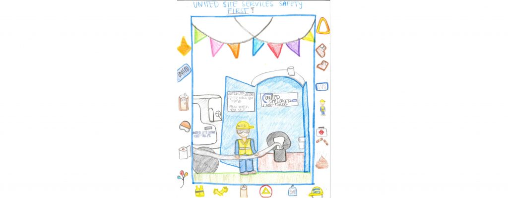 Child's drawing featuring a construction site safety scene with a worker wearing a yellow hard hat pumping out a blue porta potty