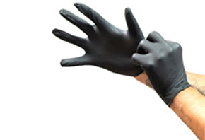 A person's hand wearing a black latex glove, with the fingers of the glove being stretched by the other hand